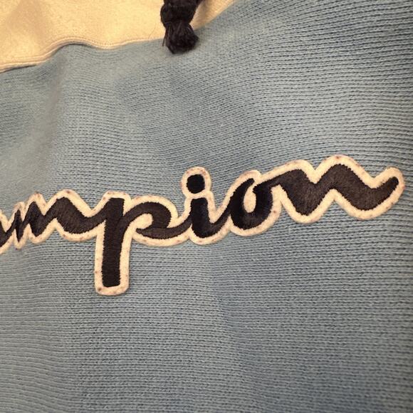 Champion Sweater Womens Medium Blue Red Reverse Weave Hooded Retro Split Sleeves - Picture 5 of 13